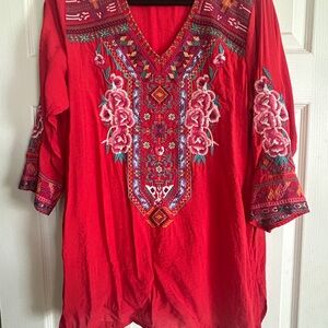 Cachet Red Embroidered V-Neck Tunic with Floral Motif